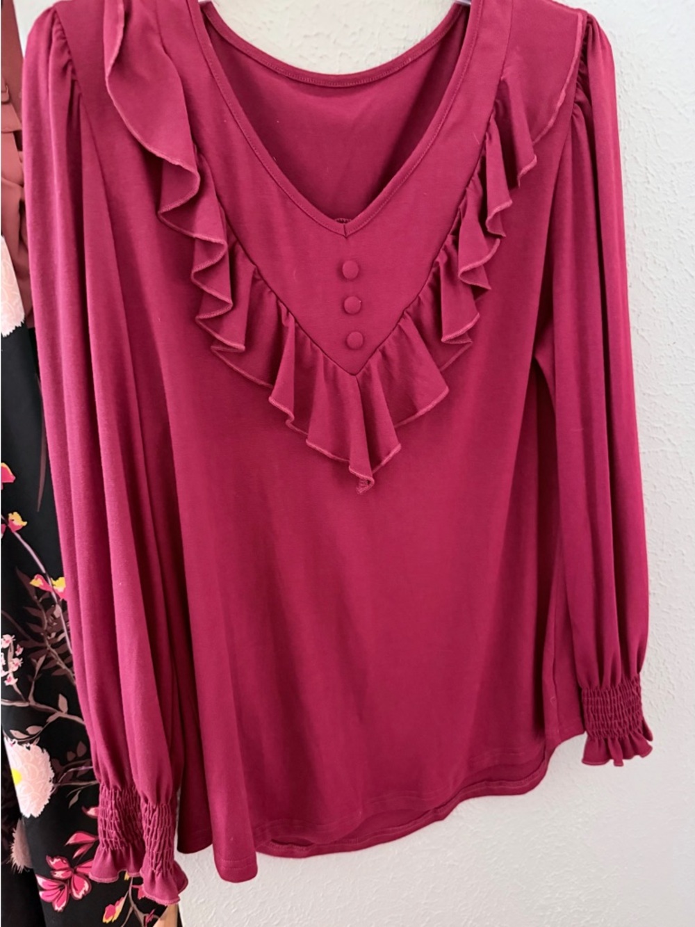 Women’s Ruffle V-Neck Long Sleeve Top - Berry